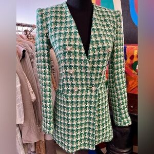 Zara Green Houndstooth Double-Breasted Blazer